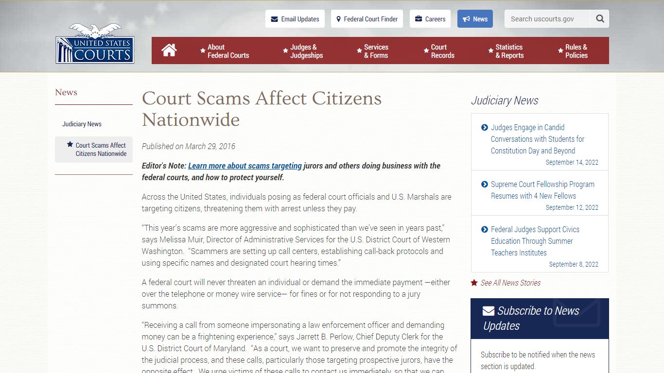 Court Scams Affect Citizens Nationwide | United States Courts